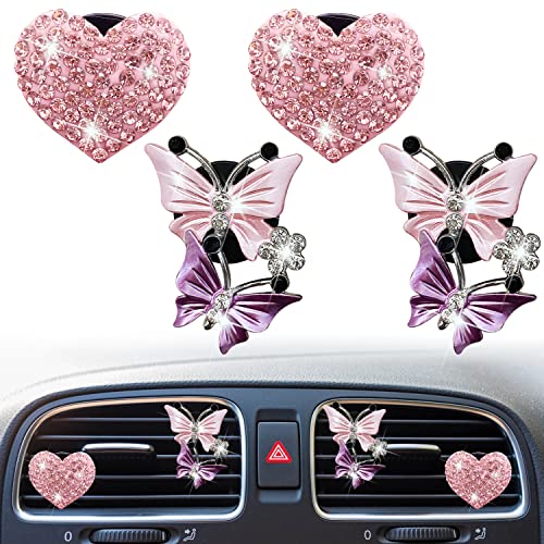 Bling Heart & Butterfly Air Vent Clips, Pink Car Air Fresheners, Diffuser With Rhinestone Diamond Decoration, Cute Interior Accessories for Women