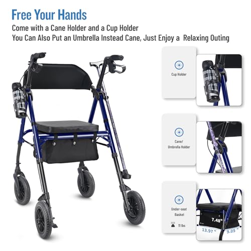 Lightweight Rollator Walker with Seat & Backrest - Foldable Mobility Aid for Seniors, 8" Large Airless Tires, Adjustable Height, Brake,Storage Bag,300 lbs Capacity, 4 Wheel Rolling Walkers for Adults