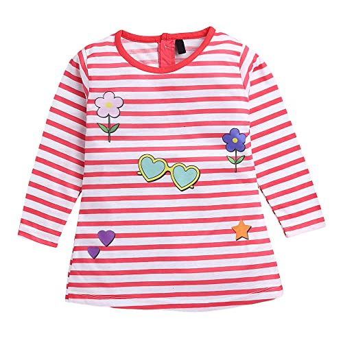 Image of Hopscotch Girl Cotton Full-Sleeve Stripe Print Casual Knee Length Dress In Fuchsia Colour