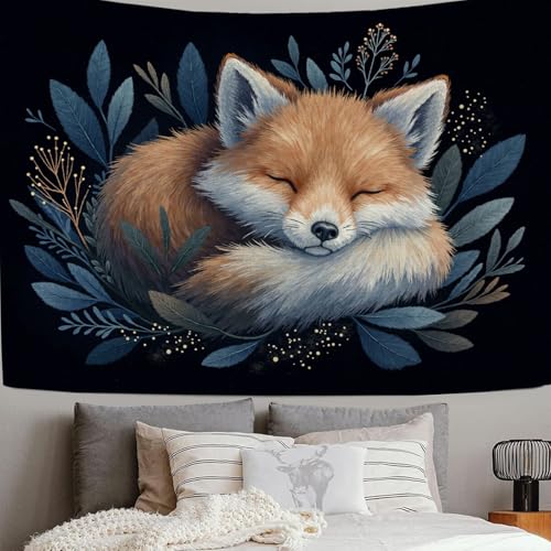 Renard endormi tapisserie murale orange pour créer un cocon doux dans le salon