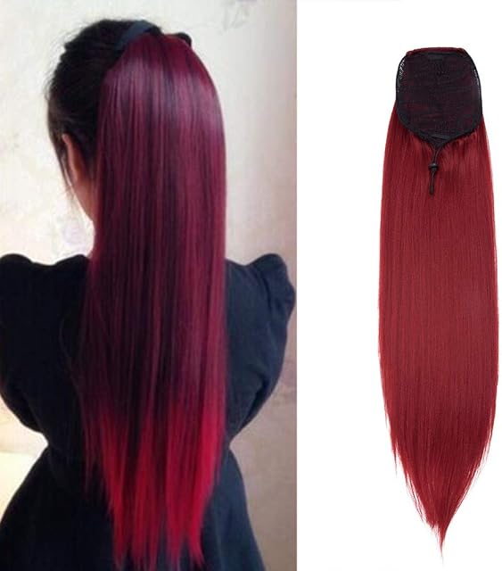 22" Inch Ponytail Extension Yaki Kinky Straight Hair Bun Chignons Synthetic Wavy Hair Extensions Donut Updo Scrunchy Curly Hairpieces Elastic - Wine Red