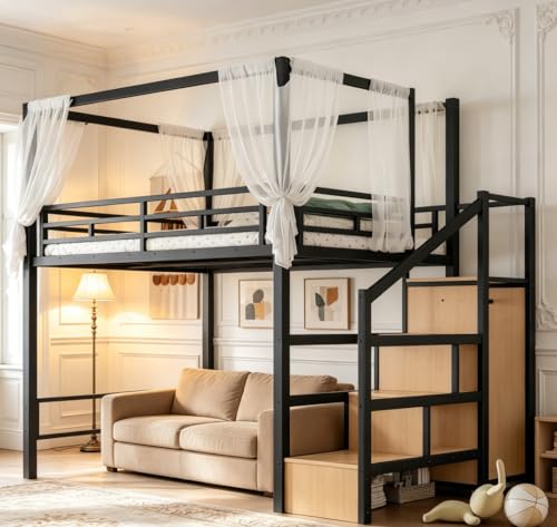 Image of Bellemave Full loft Bed with Storage Stairs, Wardrobe, Canopy Support Pole, Metal Full Loft Bed Frame for Adults, Kids, Teens, Canopy can be Disassembled, Black+Natural Wood