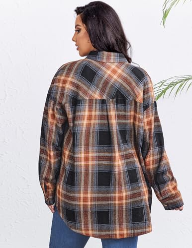 IN'VOLAND Womens Plus Size Flannel Plaid Shirts Roll Up Long Sleeve Casual Collared Button Down Shirt Loose Blouse Top4