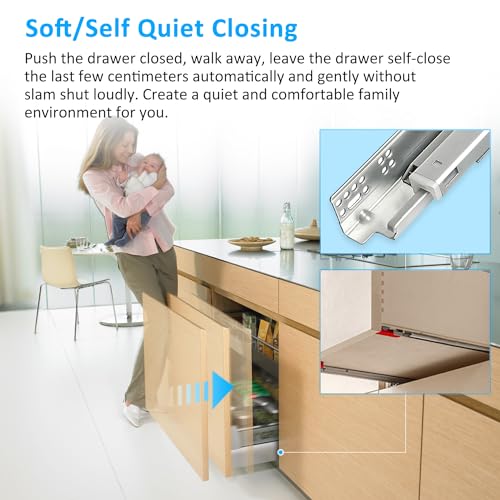 REGUDA Undermount Soft Close Drawer Slides Bottom Mounted Full Extension 9 12 15 18 21 24 Inch Ball Bearing Runners Rails 77 Lb Load 1 Pair (1 Pair, 21 Inch) - Image 3