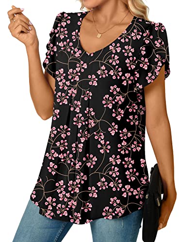 Bestbee Womens Dressy Chiffon Blouses Shirts V Neck Short Sleeve Tunic Tops Summer Casual T-Shirts With Pleated Strech, L, Gypsophila Black #TOP2