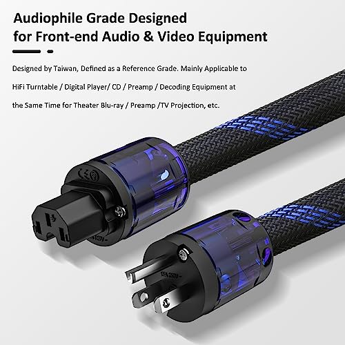 Audiocrast Hifi Power Cable, 4.9Ft/1.5M, Φ17Mm, Hi-End Amplifier Power Cord, Audiophile Braided Mesh Ac Power Wire Copper Shielding Conductor Audio Mains Cord With Us Plug+Iec C15 Connector #TOP4