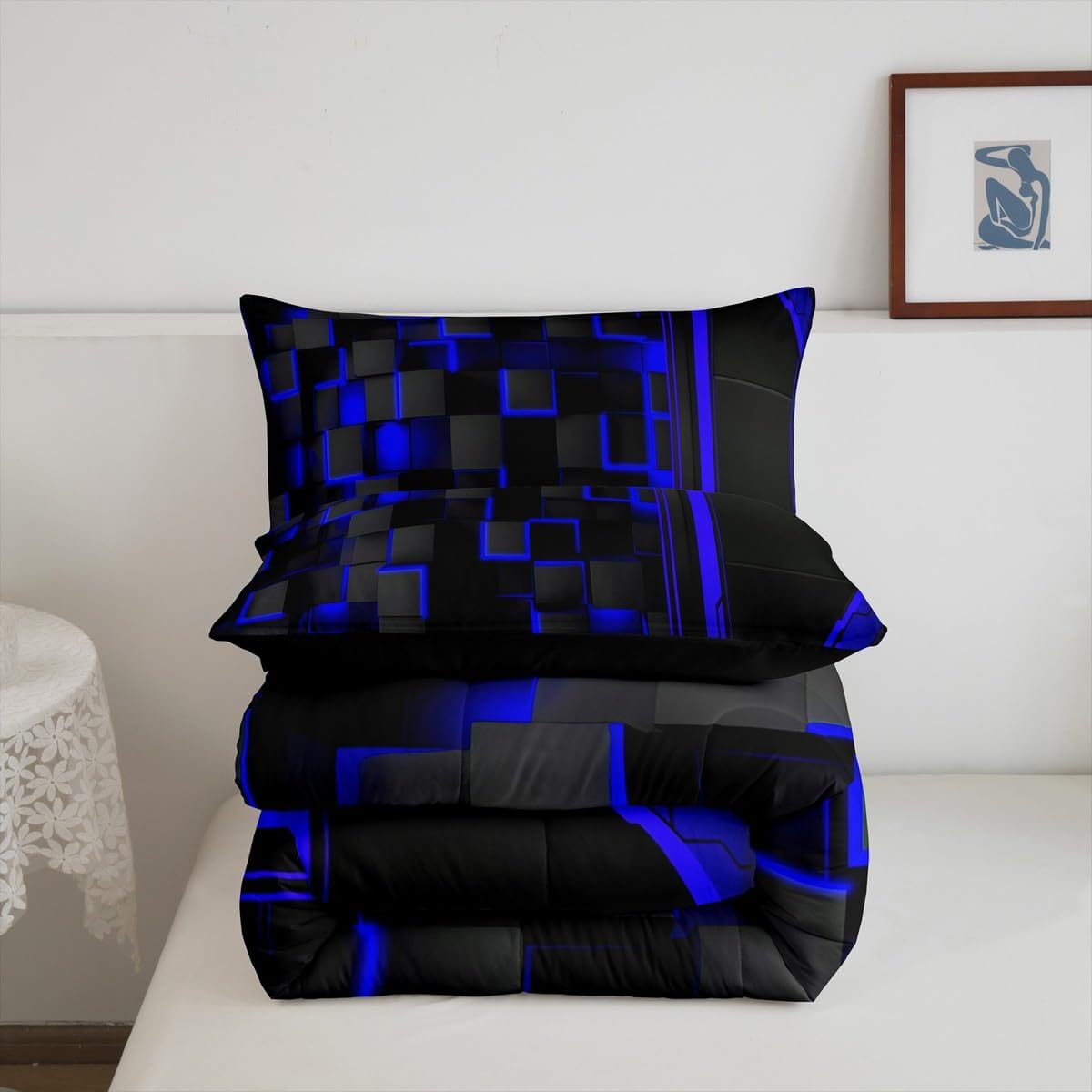Feelyou Blue Black Comforter Set Bedding Set for Kids Boys Girls Room Decor Geometric Honeycomb Duvet Quilt Queen Size Modern Geometrical 3Pcs