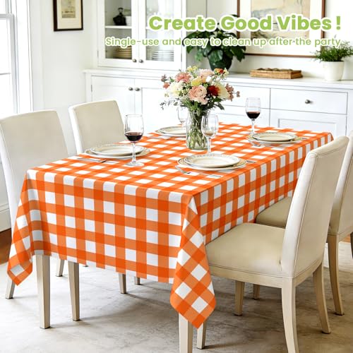 Image of Mulbozy Orange Gingham Tablecloth 4 Pack, 54 x 108 Inch Plastic Table Cloth Disposable, Orange and White Checkered Table Cover for Party Supplies