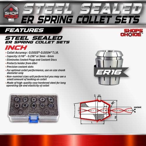 CSS174, Shop Force, Shop'sChoice, Steel Sealed Spring Collets, 10 Piece Set, Collet Series: ER 16, Collet Size: