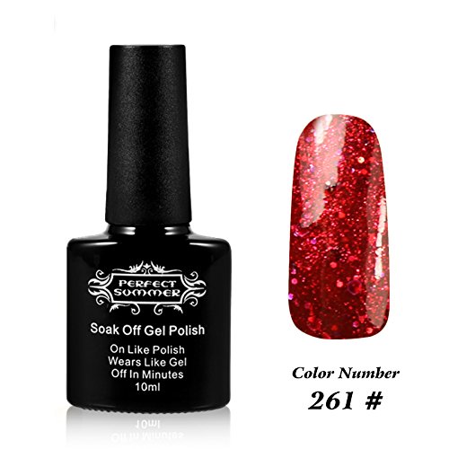 Perfect Summer UV LED Soak Off Gel Nail Polish 10ml Nail Lacquer, Shiny Snowflake Color #261 Glitter Red