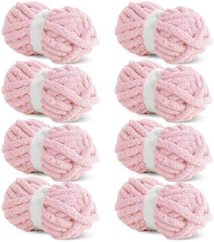 Hombys Pink Chunky Chenille Yarn for Crocheting & Knitting, Super Bulky Yarn for Blankets, Soft Plush Yarn, 8 Jumbo Packs (27 yds, 8 oz Each)