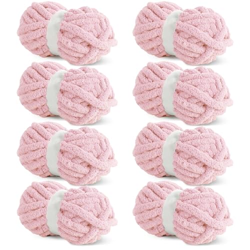Hombys Pink Chunky Chenille Yarn for Crocheting & Knitting Super Bulky Yarn for Blankets Soft Plush Yarn 8 Jumbo Packs (27 yds 8 oz Each)