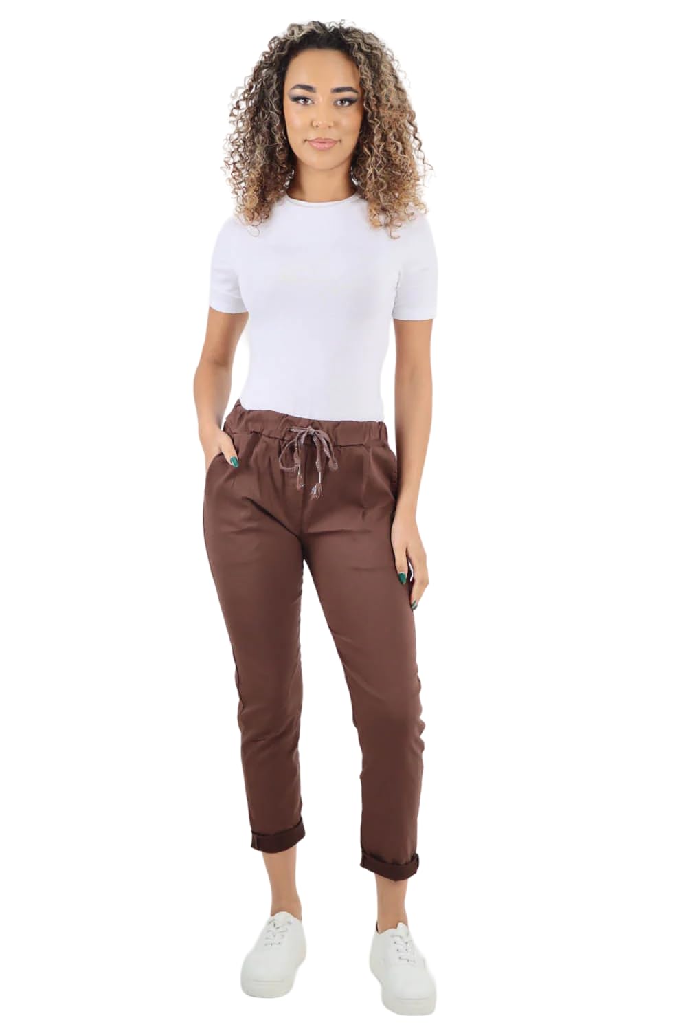 Turnhint Women's Chocolate Turnhint® Plain Magic Trousers, Italian Lagenlook Crushed Casual Stretchy Joggers Yoga Pants With Back Pocket (, 10-16)