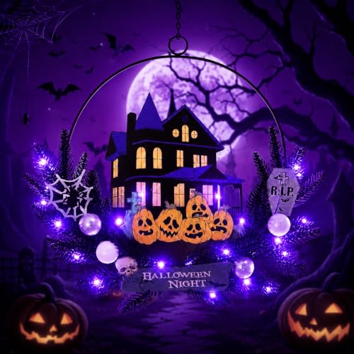 Halloween Wreath with Lights, 15.7 Inch, 6H On/18H Off Timer - image 1