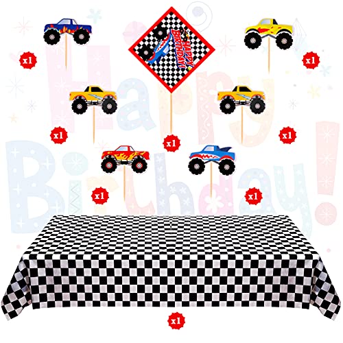 83 Pieces Truck Birthday Party Supplies Truck Balloon Decoration Set Include 1 Truck Theme Backdrop 70 Truck Balloons 2 Mosaic Race Foil Balloons 1 Table Cover 7 Cupcake Topper For Boy Birthday Party #TOP4