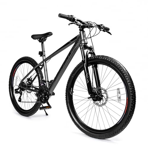 SmiloSprk 26' Mountain Bike for Men & Adults, Shimano Rear Derailleur, Twist Grip Shifter, Dual Disc Brakes, Lockout Fork, 2.35' All-Terrain Tires, Steel Frame, 85% Pre-Assembled, Grey