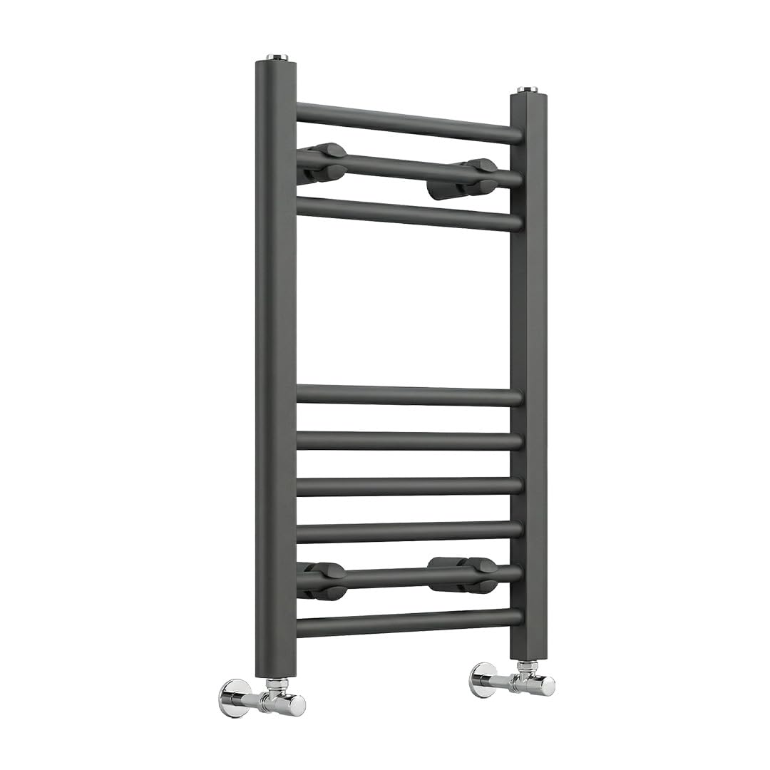 iBathUK Zypher Straight Wall Mounted Heated Towel Rail, 9 Column Steel High Thermal Output Hydronic Central Heating, Round Designer Towel Rail in Matt Anthracite, 650 × 400mm