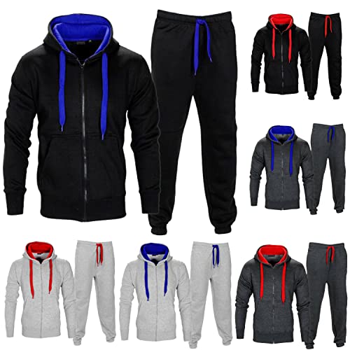 Style Spot Mens Full Zip UP Contrast Tracksuit Brushed Fleece Bottom Hoody Joggers Sports Suit (Small - S, Black/Blue)