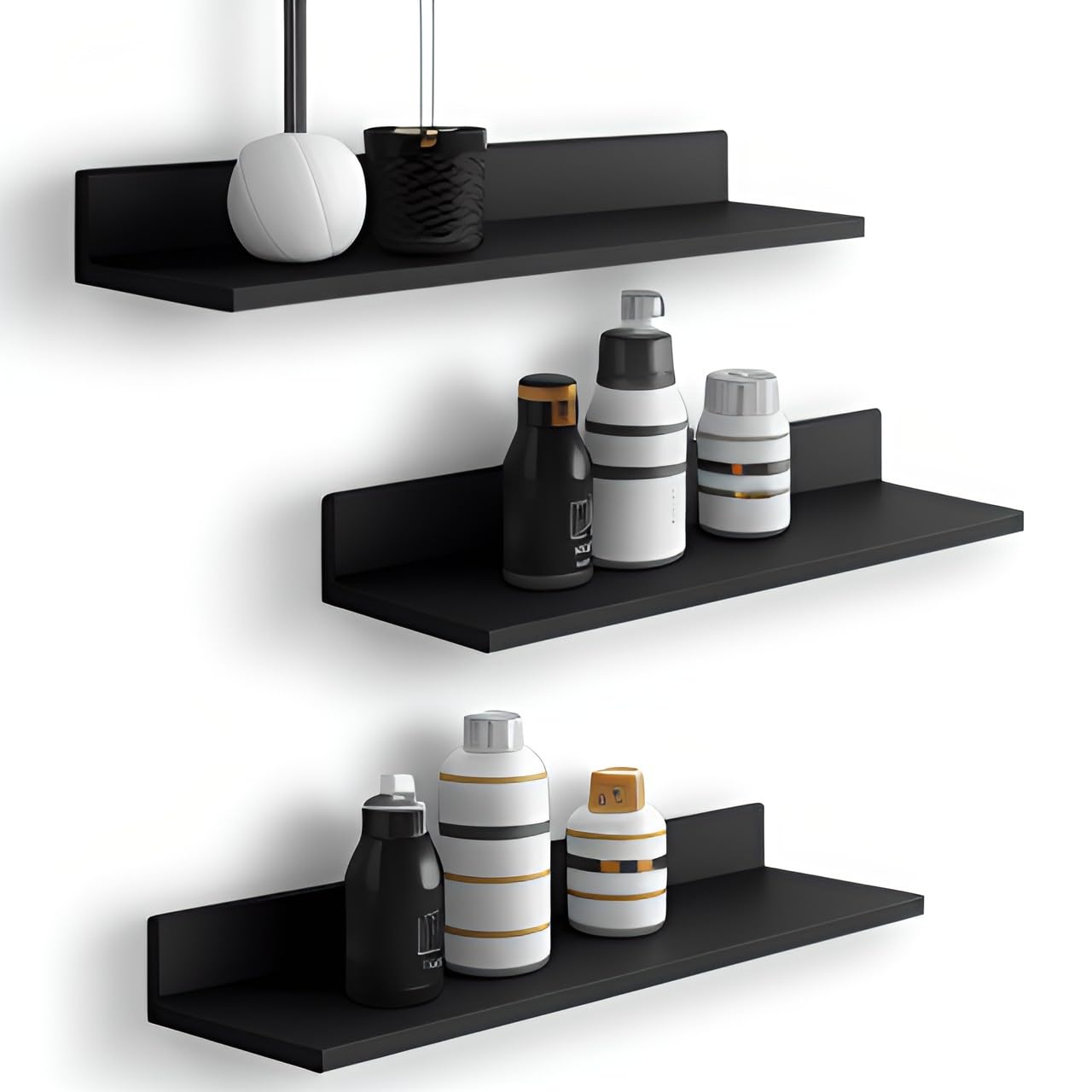 Engineered Wood Wall Mounted Storage Floating Decorative Shelf (Black, 16 Inches) - Set of 3