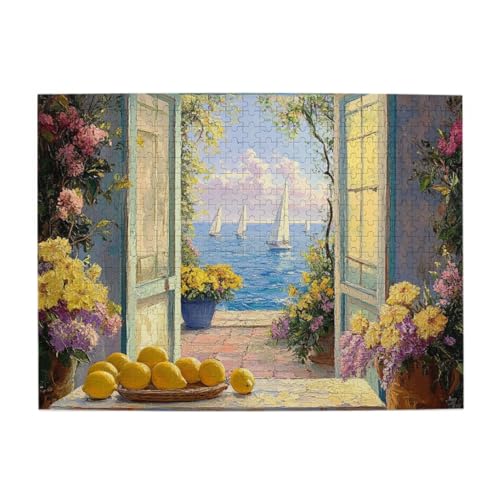 RMYRHQ Vintage Mediterranean Doorway&Sailboat Wooden Jigsaw Puzzles for Adults 500pieces