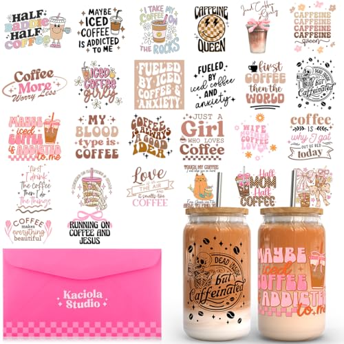 Kaciola Studio 26 Sheets Coffee UV DTF Cup Wrap -Ice Coffee Theme DTF Cup Wraps for 16 oz Glass Mugs, UV DTF Decals Waterproof Rub on Transfer Stickers DIY Mug Glasses Crafting