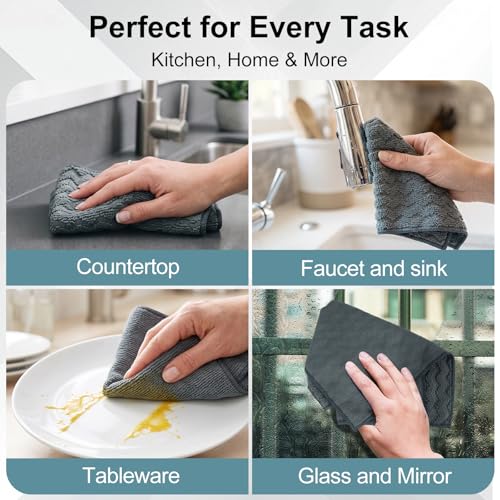 Image of Dual-Sided Microfiber Cloths, 12x12 Lint-Free 6-Pack | Zig-zag side traps grease, soft side polishes. Streak & lint-free for home /auto. Stain-hiding grey, washable 12x12 6-pack.