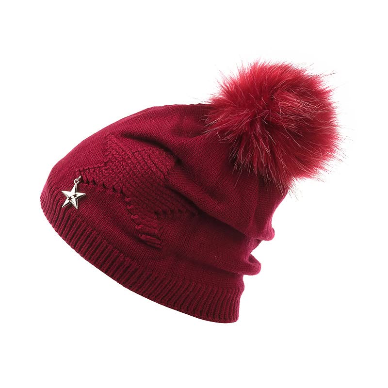 LEMITA Sombrero de invierno cálido para mujer, con forro de piel de cinco puntas, sombrero de punto de estrella de cinco puntas, sombrero de pompones para mujer, gorros suaves