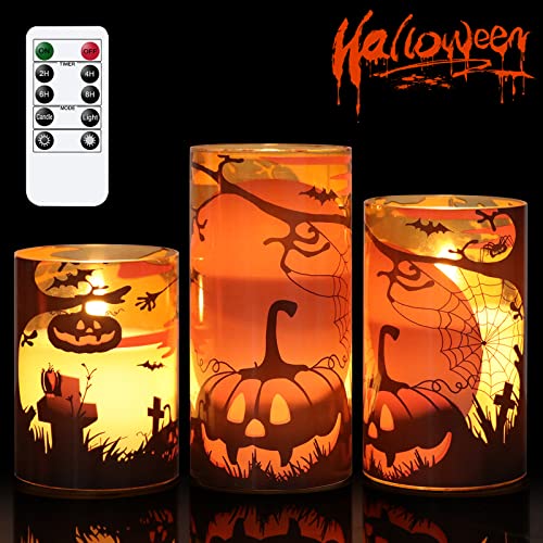 Image of Halloween Decorations, Orange Glass Flameless Candles with Remote | Flickering Wick, Real Wax, Battery Operated, Halloween Candles, Halloween Decor Indoor, Skull candle, Gothic Candles