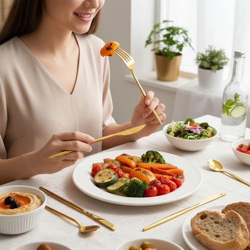 Image of 5 Pcs Gold Cutlery Set for Dining Table the Perfect Lightweight Silim Handle Tableware Including Dinner Spoon, Dinner Fork, Dinner Knife, Dessert Spoon & Dessert Fork
