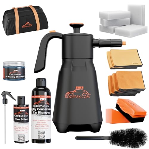 RoofPax Eco-Friendly Waterless Car Wash Spray Kit with Pressure Foam Microfiber Cloths Gel Cleaner Magic Sponge Tire Brush & Tire Spray Rinseless Car Wash for Exterior & Interior Cleaning