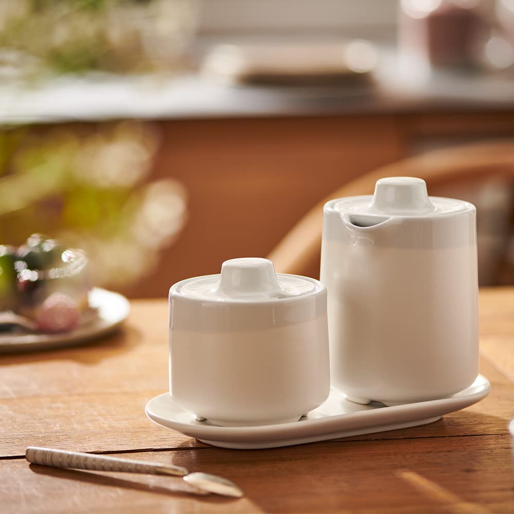 Tchibo Kaffeezubehör, Milch und Zucker-Set, Milchkännchen, Zuckertopf, Tablett, Porzellan, Weiß