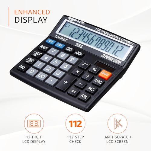 Image of Amazon Basics AB-555 12 Digits GST & Tax Calculator with 112 Steps Check and Correct, Basic Calculator, Black