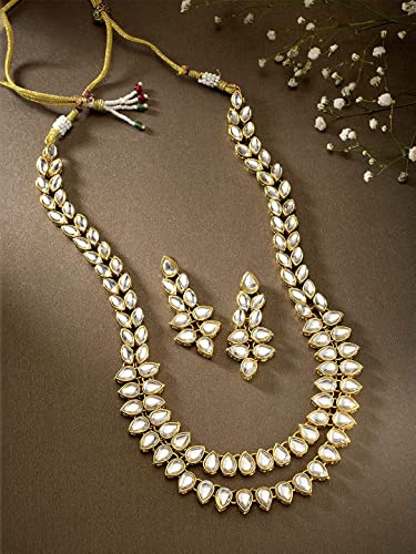 Image of I Jewels Gold And Silver Plated Traditional 2 Layered Long Kundan Studded Necklace Jewellery Set with Earrings for Women And Girls (IJ363)