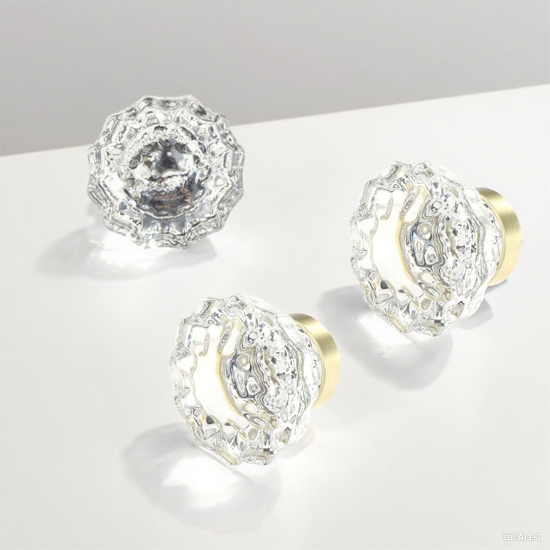 Crystal Glass Cabinet Knobs 6 Pack Gold Drawer Dresser Knobs, 1.4" Diameter Glass Handles for Kitchen, Bathroom, Vintage Cabinets Closet Dresser Drawers Cupboard Handles Accessories (Clear)