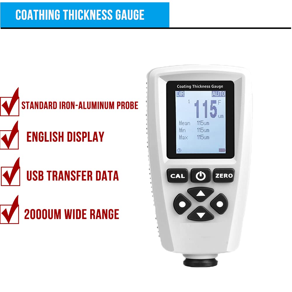 Paint Coating Thickness Gauge Analyzer Meter F/NF Probe Measuring Range 0 to 2000um Data Storage Function for Non-Destructive Coating Thickness Measurement of Non Magnetic Coatings