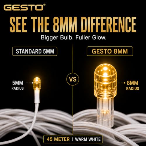 Image of Gesto 45 Meter LED String Lights - Warm White 8mm Big Led Fairy Lights for Decoration | 360 Glow Waterproof Copper Wire Lights for Home Decor Balcony Outdoor Christmas & Diwali Decoration- Pack of 10
