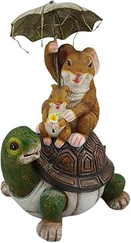 Solar Garden Statues Outdoor Clearance Garden Ornaments Mom and Baby Rabbits Standing on Turtle with A Umbrella with Fairy String Lights Animal Figurine Fairy Garden Ornaments Outdoor