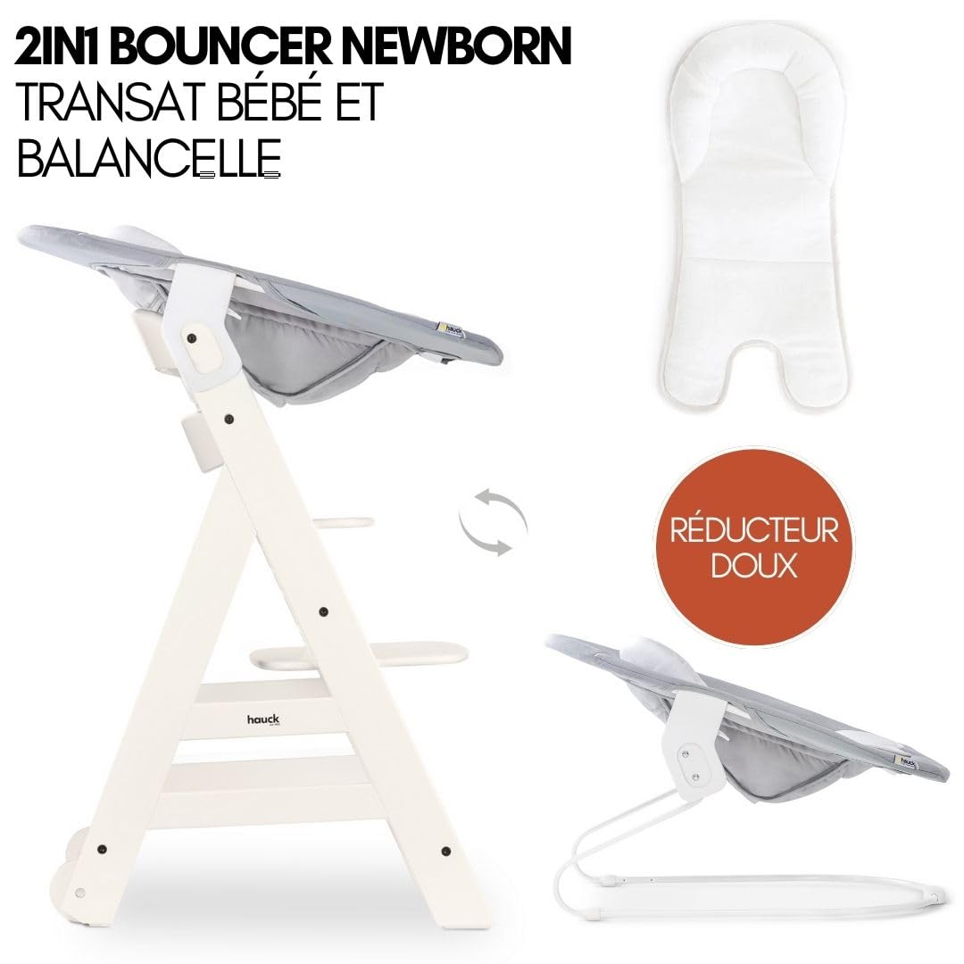 hauck Chaise Haute Bébé Beta+ avec Siège Nouveau-né 2 en 1 – White | Chaise haute évolutive en bois, de la naissance à 90 kg, inclus assise bébé, roues, plateau repas, coussin