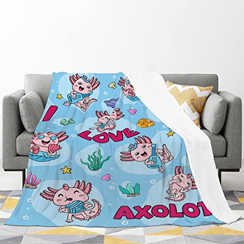 Huglazy Cute Axolotl Throw Blanket, Plush Sherpa Fleece Blanket Throws For Couch, Funny Birthday Gifts Adorable Mexican Axolotl Toddler Throw Blankets For Daycare Kids Girls Boys Blankets Blue #TOP1