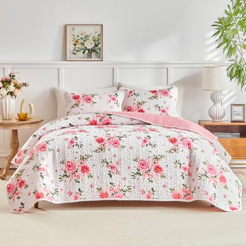UOZZI BEDDING Pink White Floral Quilt Set 3 Pieces Queen Size Pink Flower Soft Microfiber Lightweight Summer Reversible Coverlet Bedspread for All Season -1 Quilt 88 * 88 + 2 Pillow Shams