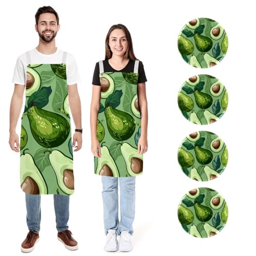 Tablier de cuisine avocat vert peint main cadeau idéal lot de 2