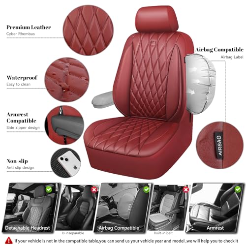 Image of CAR PASS Piping Luxury Faux PU Leather Two Front Car Seat Covers, Waterproof Anti Slip Premium Automotive Seat Covers,Universal Fit for Suvs,Vans,Trucks, Armrest Airbag Compatible, Burgundy Red