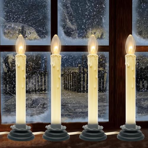 7 Inch Electric Window Candle Lamps, Christmas Window Candle Lights with 7W C26 Bulbs, Black Wood Plum Iron Base, 5Ft Ivory Wire with On/Off Switch for Indoor Holiday Party Table Bedroom-4 Pack