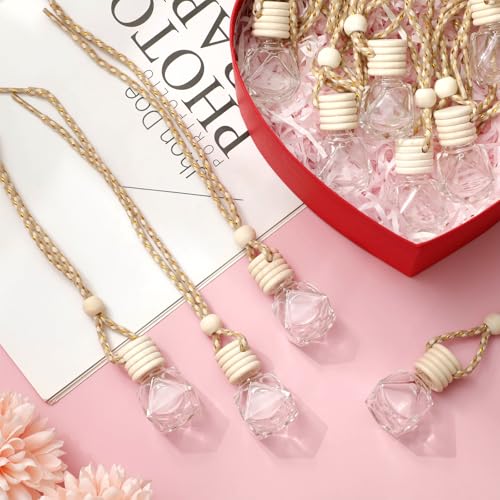 Image of Whaline 30Pcs Oil Air Freshener Diffuser Car Hanging Rhombus Bottle Empty Glass Perfume Bottle Pendant with Funnel Pipette for Essential Oil Fragrance Aromatherapy Vial Decor, 8 ML
