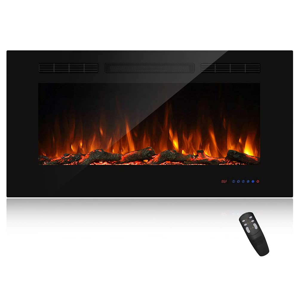 42" Recessed Electric Fireplace Insert, 5 Flame Settings, Log Set or Crystal Options, Temperature Control by Touch Panel & Remote, 750/ 1500W Heater, Black