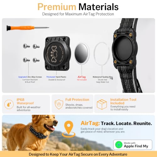Image of Dog Collar with AirTag Holder Waterproof QR Code Reflective Collar(Black,L)