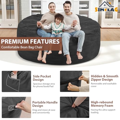 6FT Bean Bag Chair, Large Bean Bag Chairs with Memory Foam Filled, Fluffy Beanbag Sofa with Dutch Velvet Cover, Round BeanBag Chairs for Living Room, Playroom - Grey