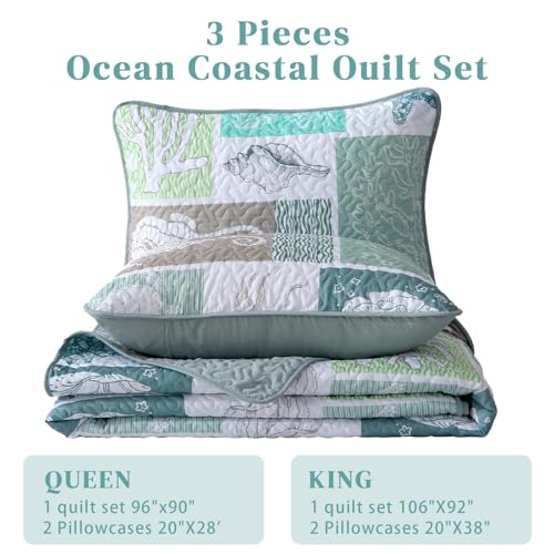 Heymybed Coastal Quilt Set Queen Size, Beach Coverlet Sage Green Starfish Coral Seashell Bedspread, Ocean Beach Themed Bed Cover, Microfiber Soft Lightweight Bedding Sets for All Seasons (96"×90") - Image 7