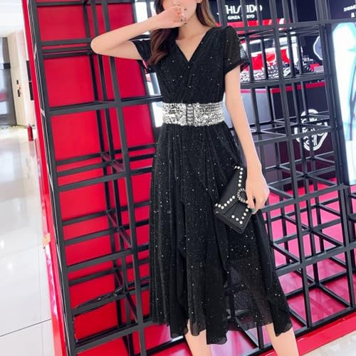 WYuZe 3 Pack Sequin Wide Elastic Waist Belt for Women Girl Sparkle Stretch Dress Belt Accessory (Gold, Silver, Black)4