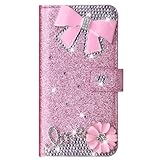 XYX Wallet Case for Samsung Galaxy S25 5G 6.2 inch, Glitter Pink Bow Diamond Luxury Flip Card Slot Phone Protection Cover Girl Women, Pink